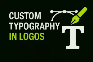 Minimalist digital graphic featuring the text 'Custom Typography in Logos' on a black background, with a bold white letter 'T', a pen tool icon, and a Bézier curve representing font customization.