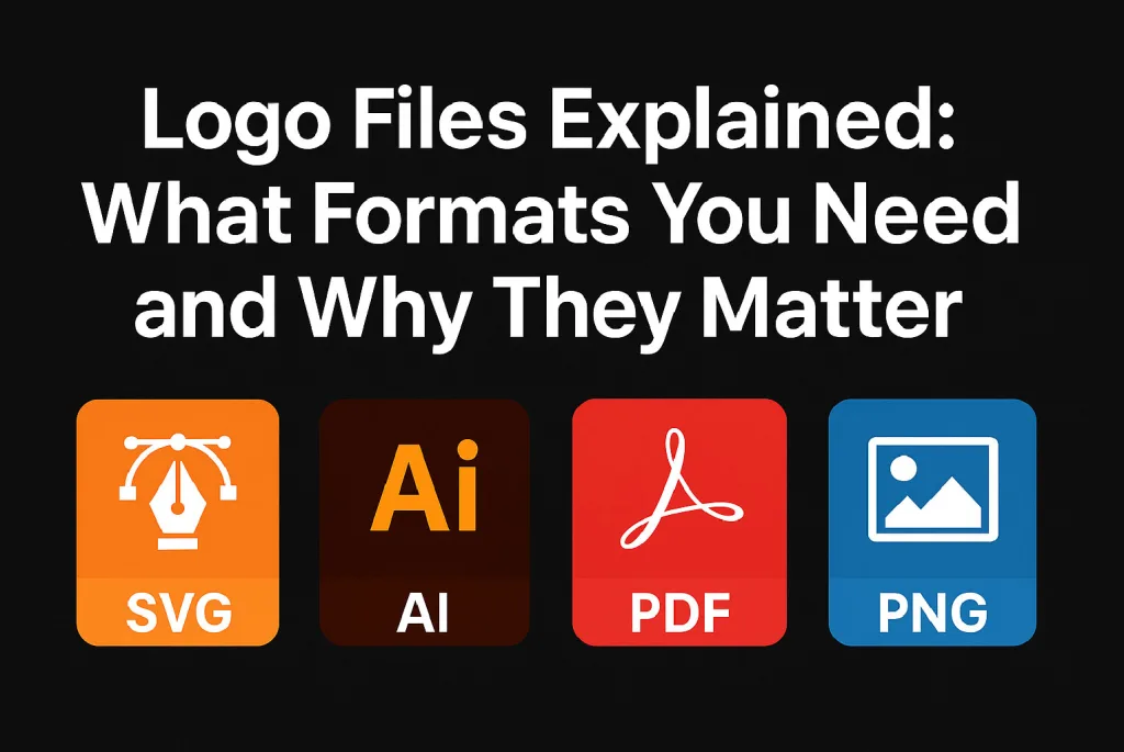 Blog thumbnail with a black background featuring the title 'Logo Files Explained: What Formats You Need and Why They Matter' in bold white text, and colorful icons representing SVG, AI, PDF, and PNG file formats.