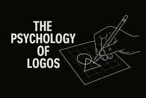 Minimalist blog thumbnail with black background. The title 'The Psychology of Logos' appears in bold white text, with the word 'PSYCHOLOGY' slightly larger to create visual hierarchy. On the right, a white line drawing shows a designer's hand sketching geometric shapes on grid paper, symbolizing logo creation and design thinking.