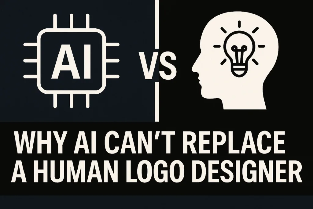 Split digital illustration showing a robotic arm creating a basic logo on one side and a human hand sketching a unique logo on paper on the other side. Designed with a black background and subtle green highlights, representing the contrast between AI-generated design and human creativity.