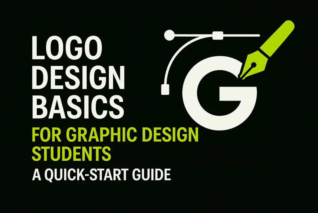 Logo Design Basics blog thumbnail with bold text and a stylized 'G' featuring a pen tool and Bézier curve for graphic design students.