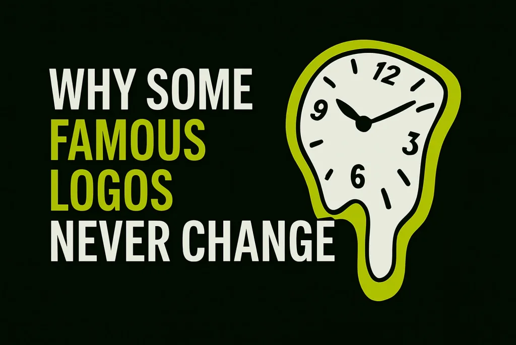 Surreal graphic featuring a distorted, Salvador Dalí-inspired melting clock next to the bold title "Why Some Famous Logos Never Change" on a black background. The design uses lime green and white typography in a modern, minimalist style.