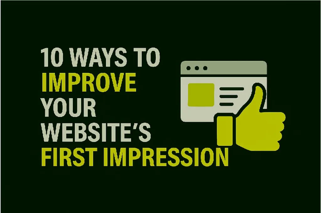 Minimalist thumbnail promoting ways to improve a website’s first impression, featuring a browser icon and a flipped thumbs-up symbol.