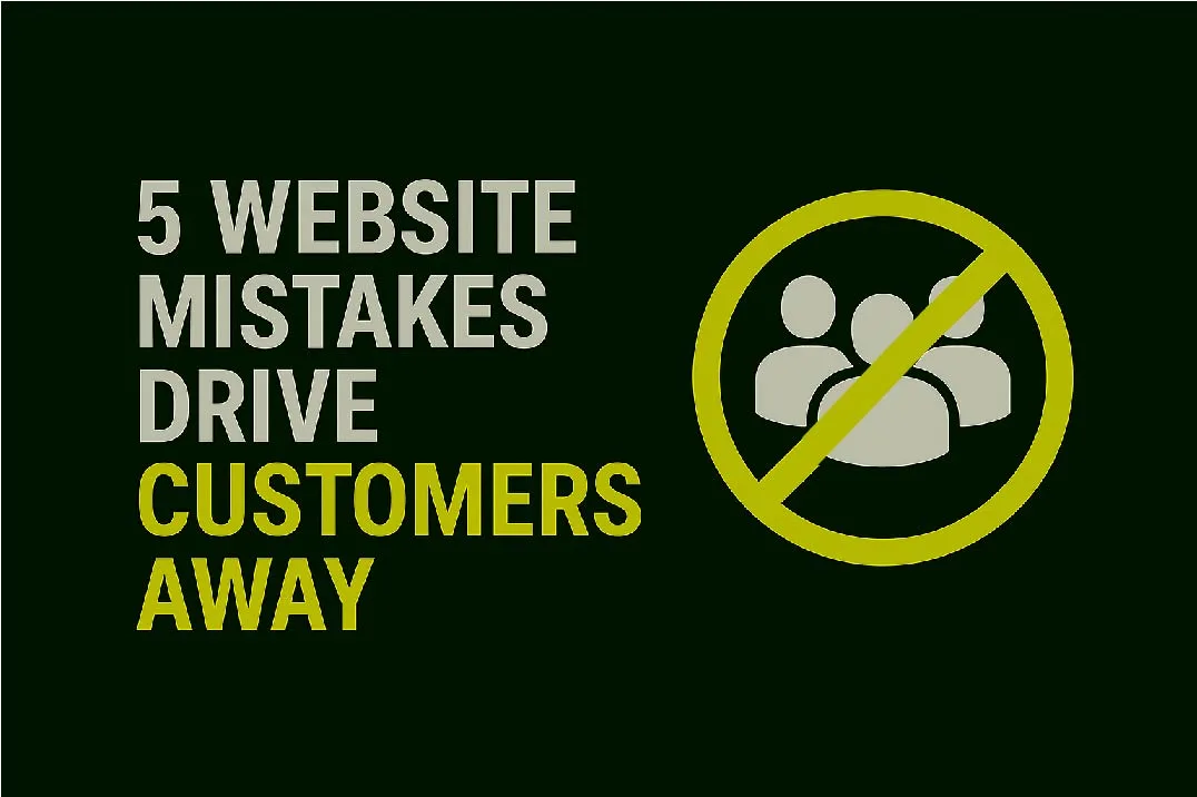 Minimalist blog thumbnail showing '5 Website Mistakes Drive Customers Away' with 'Customers Away' highlighted and an icon of three people crossed out, symbolizing multiple customers being lost due to website errors.