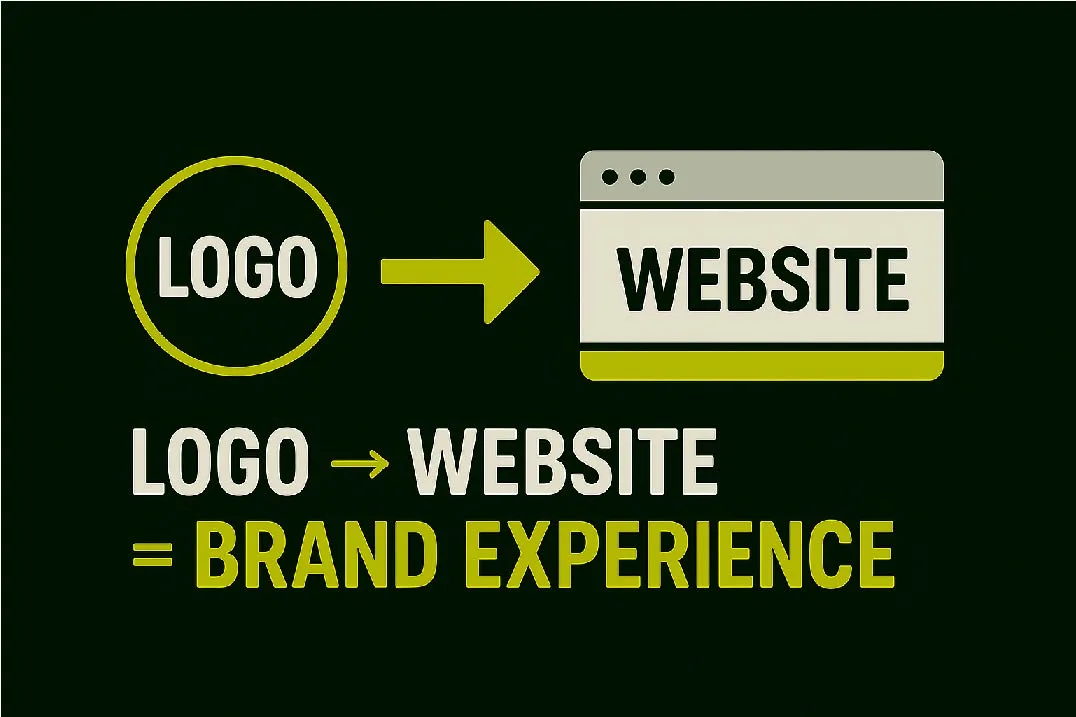Clean vector showing the flow from a brand logo to a website layout, emphasizing consistent brand identity.