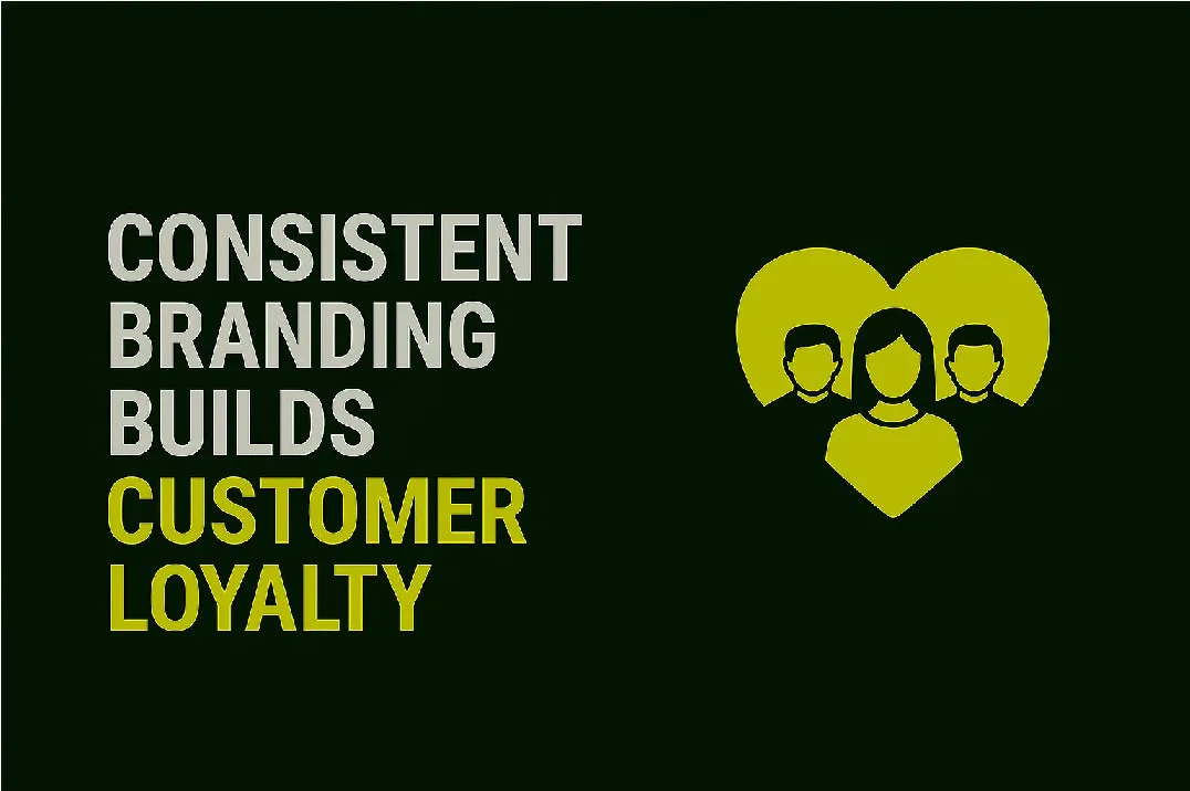 Minimalist blog thumbnail showing 'Branding Consistency Builds Loyalty' with three human figures inside a heart, symbolizing customer loyalty