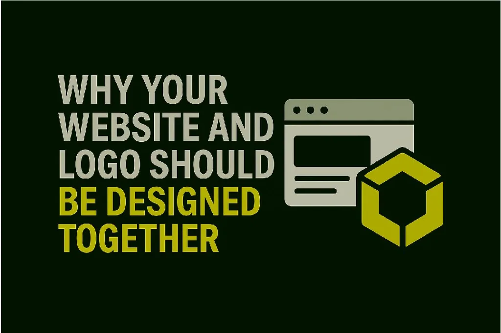 Minimalist blog thumbnail with text 'Website & Logo Designed Together' highlighting 'Together' in lime green, paired with simple browser window and logo icons side by side to represent unified brand design