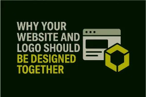Minimalist blog thumbnail with text 'Website & Logo Designed Together' highlighting 'Together' in lime green, paired with simple browser window and logo icons side by side to represent unified brand design