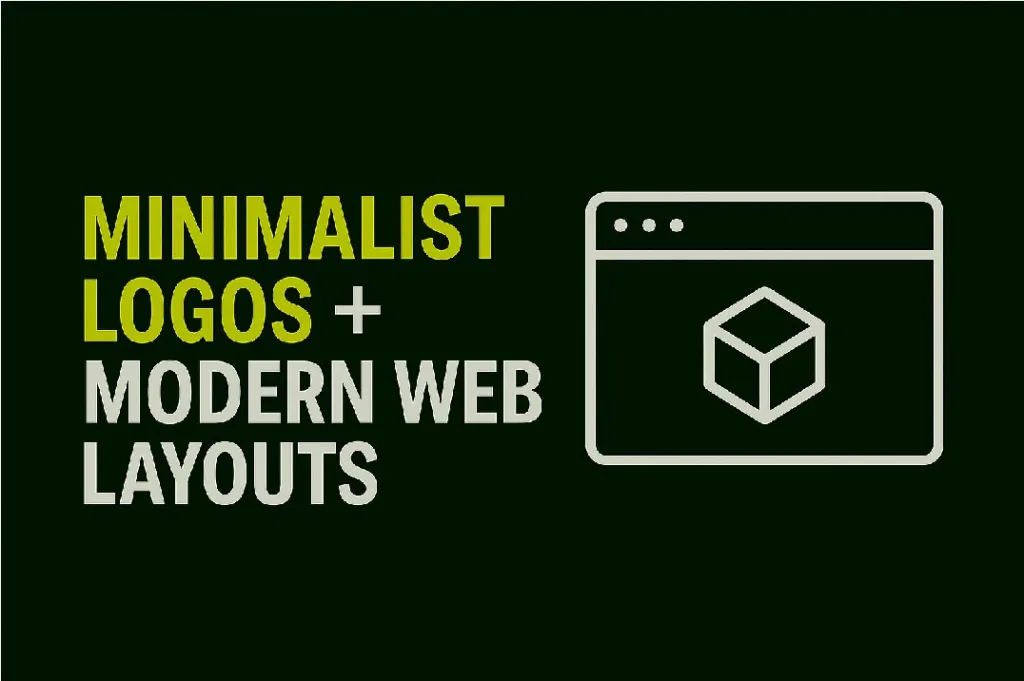 Minimalist blog thumbnail with the phrase 'Minimalist Logos + Modern Web Layouts' and a browser window containing a simple logo, symbolizing harmony between logo design and web design.