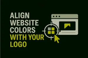 Minimalist blog thumbnail with dark green background, text 'Align Website Colors with Logo' highlighting 'Colors' in lime green, and an icon showing a color picker tool connected to a website layout and logo, symbolizing alignment of brand colors.