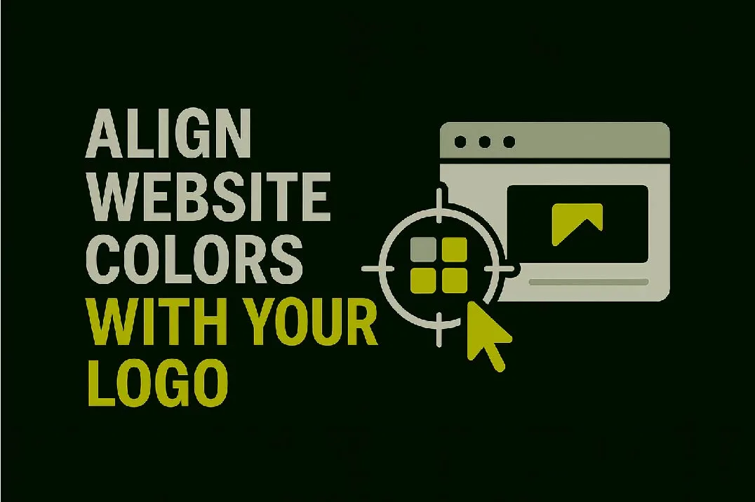Minimalist blog thumbnail with dark green background, text 'Align Website Colors with Logo' highlighting 'Colors' in lime green, and an icon showing a color picker tool connected to a website layout and logo, symbolizing alignment of brand colors.