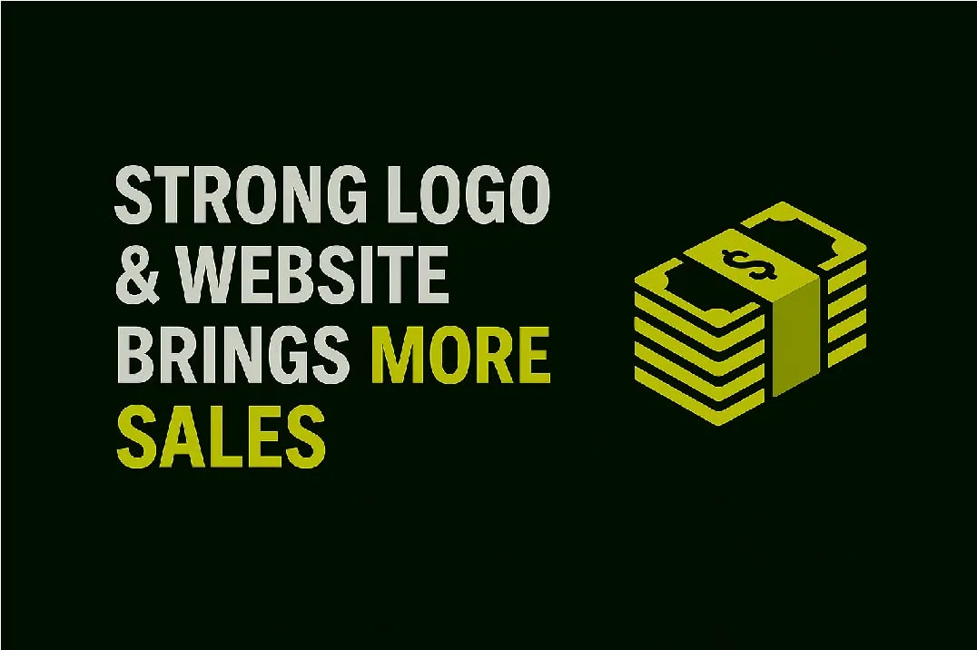 Minimalist thumbnail showing that a strong logo and website design directly drive more sales, symbolized by stacks of money.