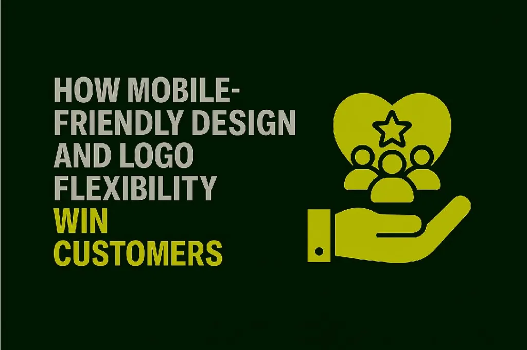 Minimal blog thumbnail with dark green background. Left side text reads 'Mobile-Friendly Design & Flexible Logo Win Customers' highlighting 'Win Customers' in lime green. Right side shows minimal icon of a hand holding three people inside a heart with a star, symbolizing customer trust and loyalty.