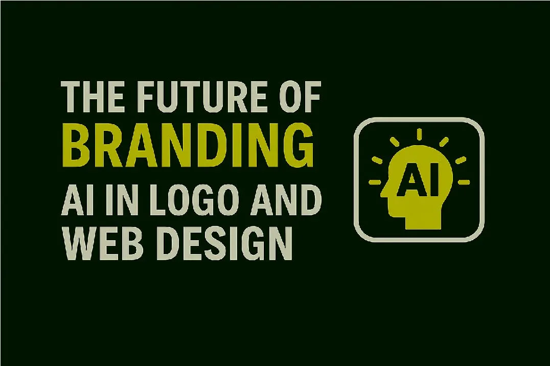 Minimalist blog thumbnail showing 'Future of Branding: AI in Logo & Web Design' with AI highlighted and a brain-circuit icon, symbolizing the role of artificial intelligence in branding.