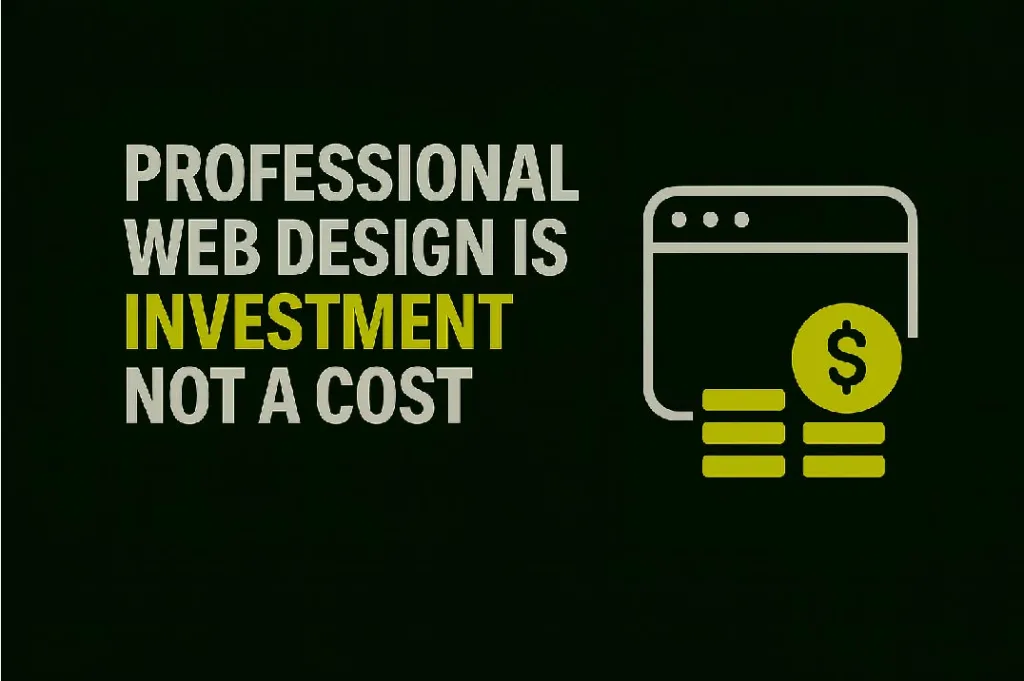Blog thumbnail with the text 'Professional Web Design Is Investment Not A Cost' highlighting 'Investment' in lime green. On the right, a simple scale icon with coins on both sides symbolizes balancing cost versus investment. Minimalist and modern design on a dark green background.