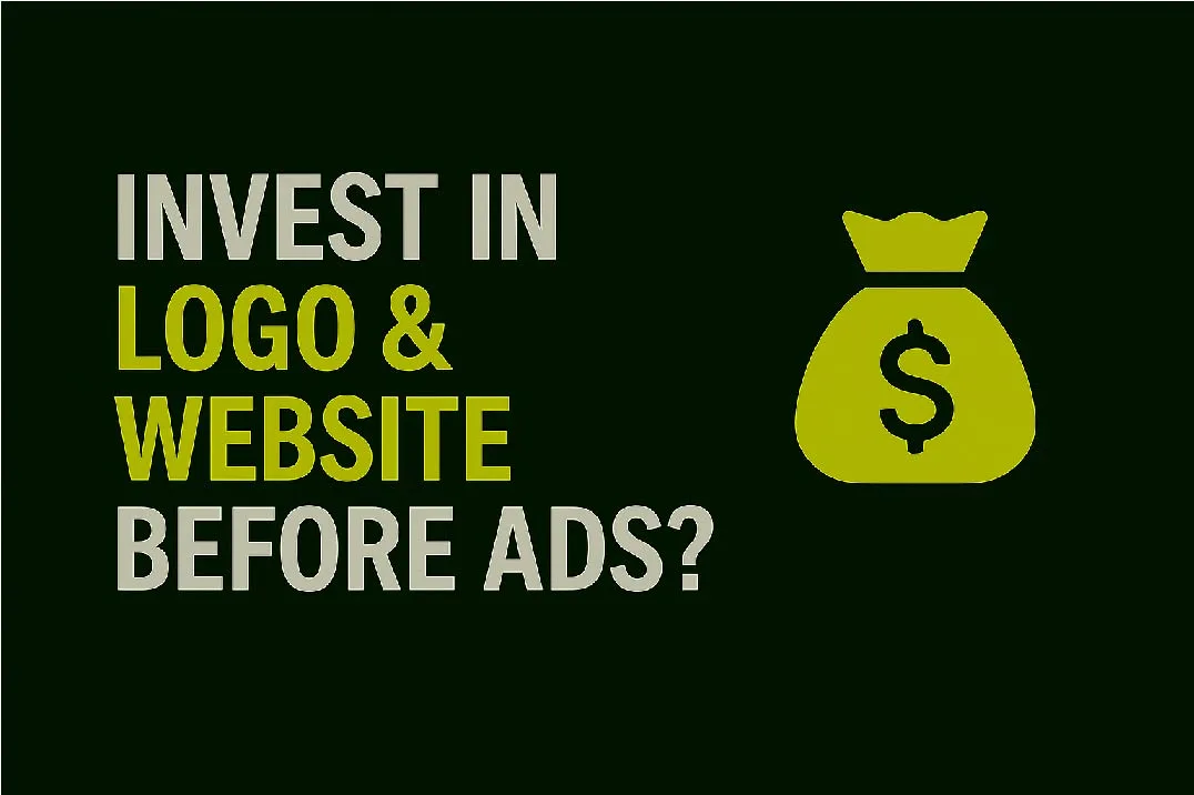 Minimalist thumbnail emphasizing why startups should invest in logo and website design before advertising, represented by a money bag icon.