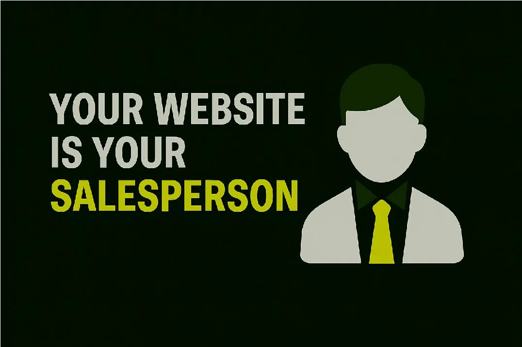 Minimalist blog thumbnail with the phrase 'Website = Salesperson' highlighting 'Salesperson' in lime green, paired with an icon of a professional figure giving a presentation to symbolize a website acting as a salesperson.
