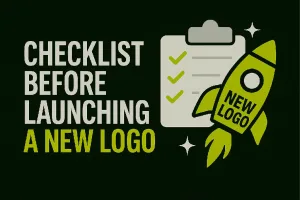 Illustration symbolizing a final checklist to complete before officially launching a new logo, combining a clipboard of tasks with a rocket labeled 'NEW LOGO' to represent a launch.