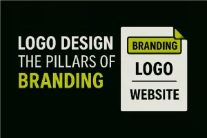 Flat graphic design thumbnail showing "Branding" as the header block with "Logo" and "Website" papers beneath it, symbolizing how logo and website together support online branding.