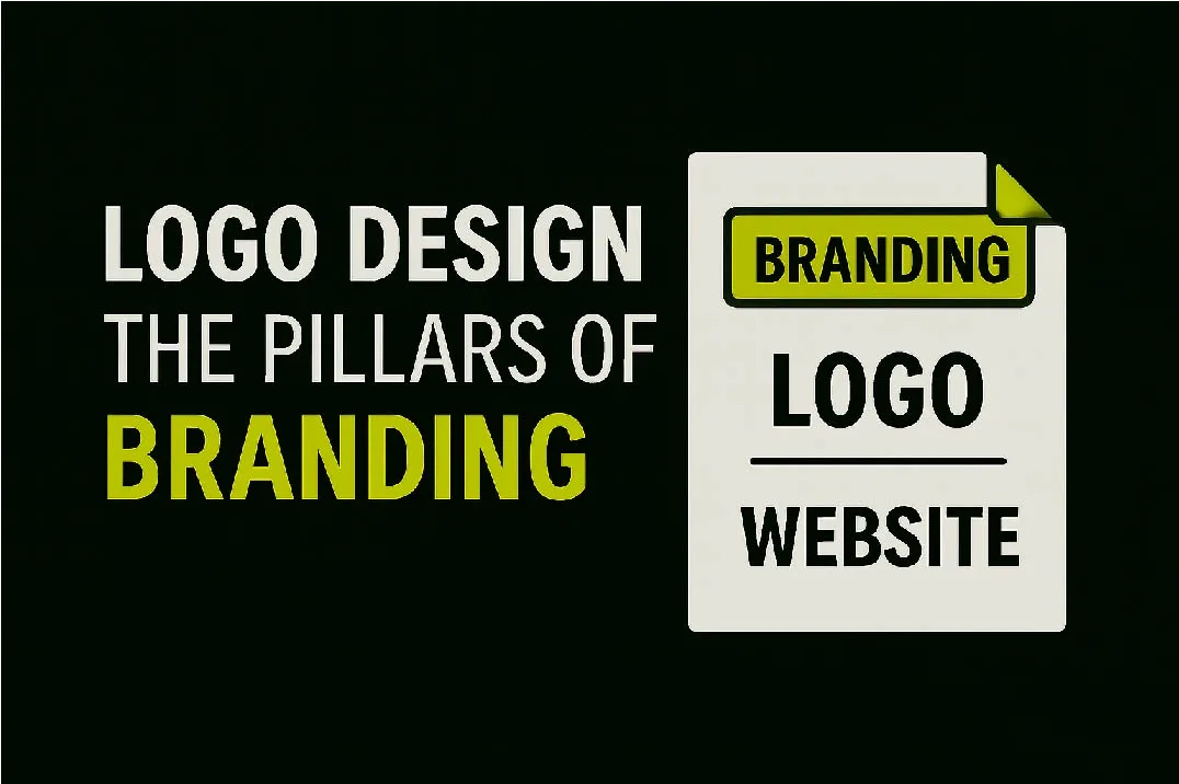 Flat graphic design thumbnail showing "Branding" as the header block with "Logo" and "Website" papers beneath it, symbolizing how logo and website together support online branding.