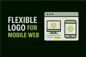 Flat digital thumbnail showing a flexible logo adapting across desktop and mobile website screens, highlighting mobile-friendly web design and logo adaptability.