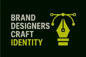 Minimal blog thumbnail with bold text “Brand Designers Craft Identity” and an icon of a designer’s pen tool, symbolizing brand creation.