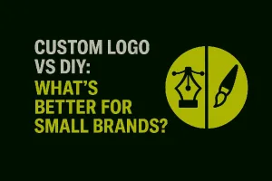 Custom Logo vs DIY thumbnail featuring a split design icon: one half a clean professional vector pen tool, the other half a rough hand-drawn style, symbolizing the contrast between expert logo services and DIY design for small brands.