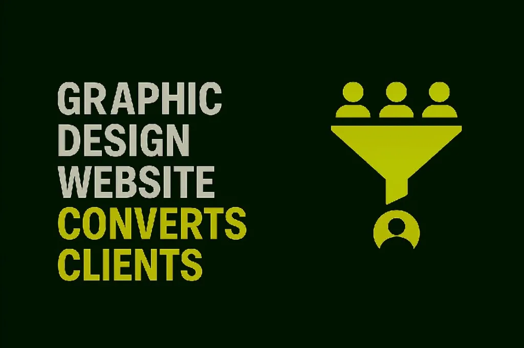 Minimal blog thumbnail with dark green background. Left text reads 'Graphic Design Website Converts Clients,' highlighting 'Converts Clients' in lime green. Right side shows funnel icon with people figures entering at the top and one client figure exiting at the bottom, symbolizing conversion.