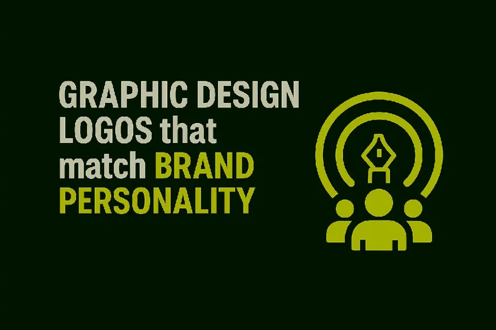 Minimalist blog thumbnail with dark green background, showing a target icon with a graphic design symbol inside, paired with the text “Graphic Design Logos that Match Brand Personality” in bold fonts, highlighting brand identity and design alignment.