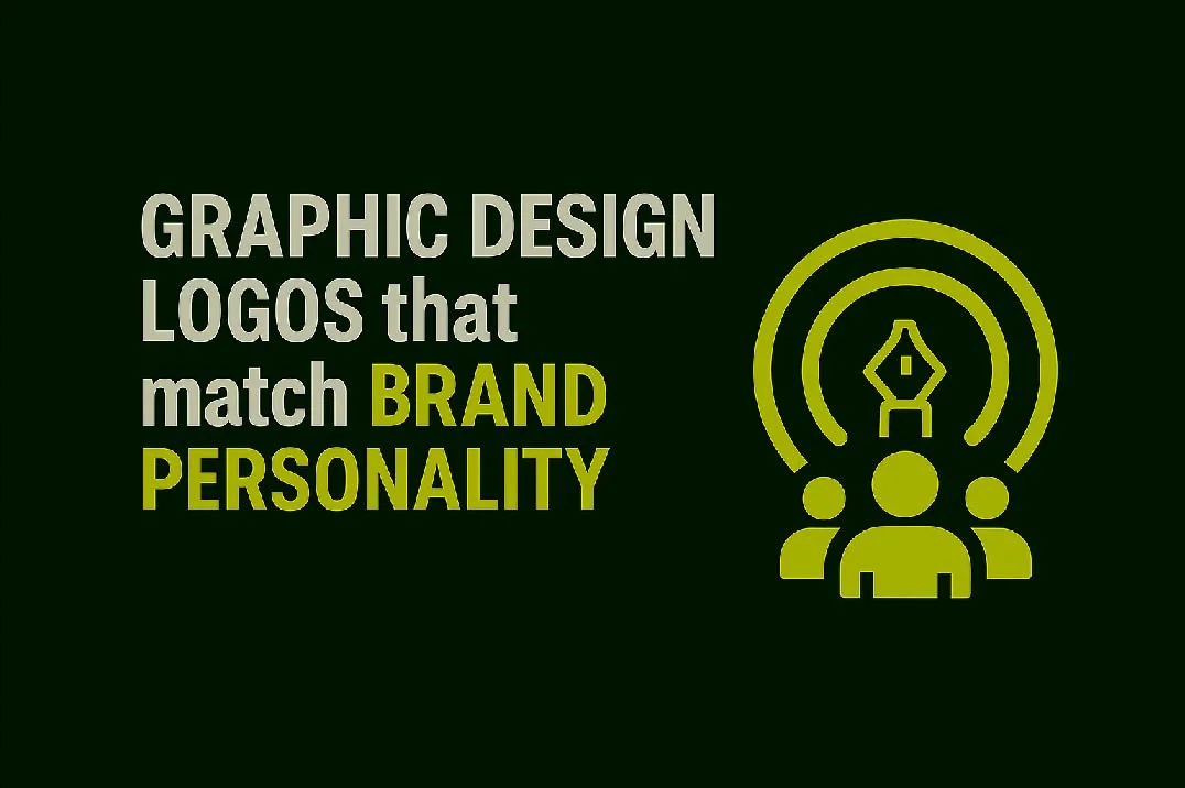 Minimalist blog thumbnail with dark green background, showing a target icon with a graphic design symbol inside, paired with the text “Graphic Design Logos that Match Brand Personality” in bold fonts, highlighting brand identity and design alignment.