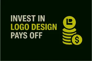Minimal blog thumbnail with text 'Investing in Logo Design Pays Off' in bold white and lime green on a dark green background, featuring a money bag icon symbolizing business growth and ROI.