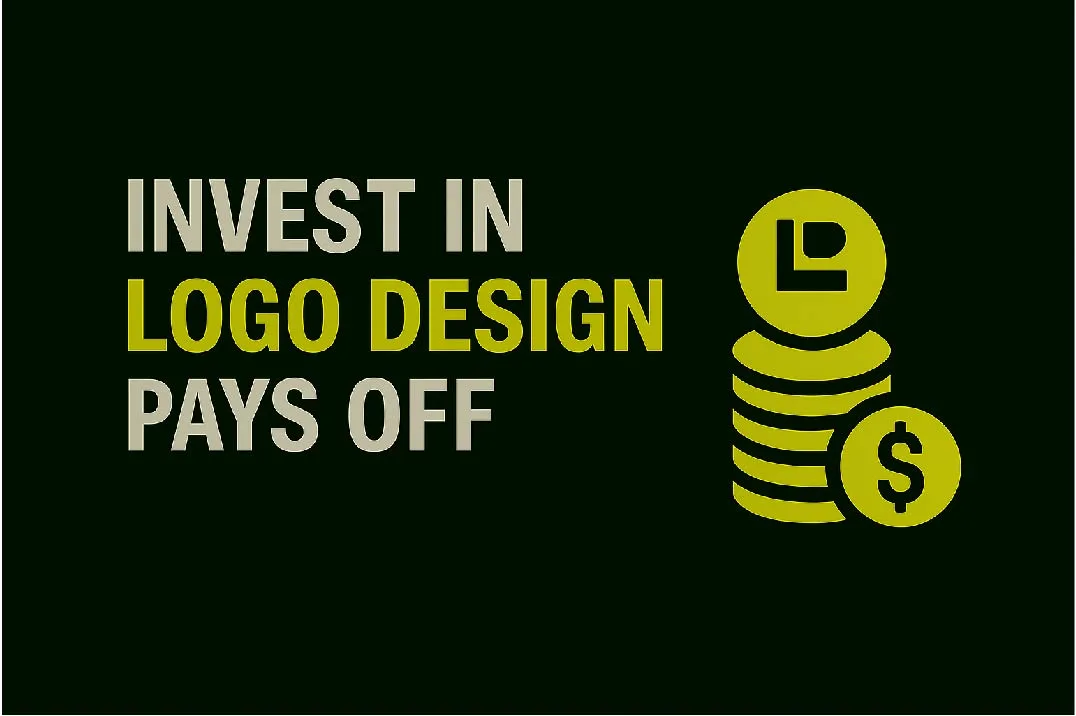 Minimal blog thumbnail with text 'Investing in Logo Design Pays Off' in bold white and lime green on a dark green background, featuring a money bag icon symbolizing business growth and ROI.