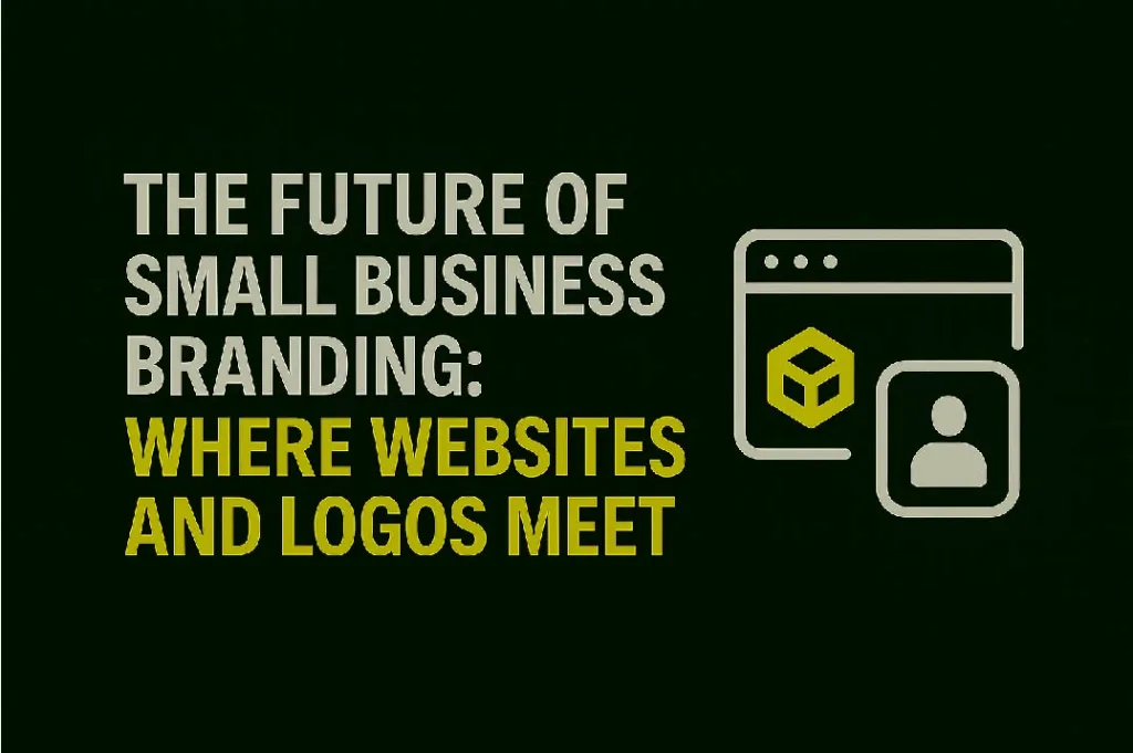 Minimalist blog thumbnail with the phrase “Future of Small Business Branding” highlighting how websites and logos align, featuring clean symbolic icons on a dark green background.
