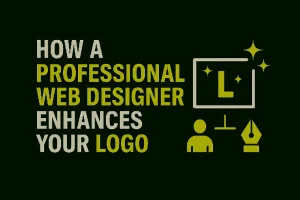 Blog thumbnail showing a logo inside a box with glittering enhancement, symbolizing how a professional web designer elevates and refines logos for stronger branding.