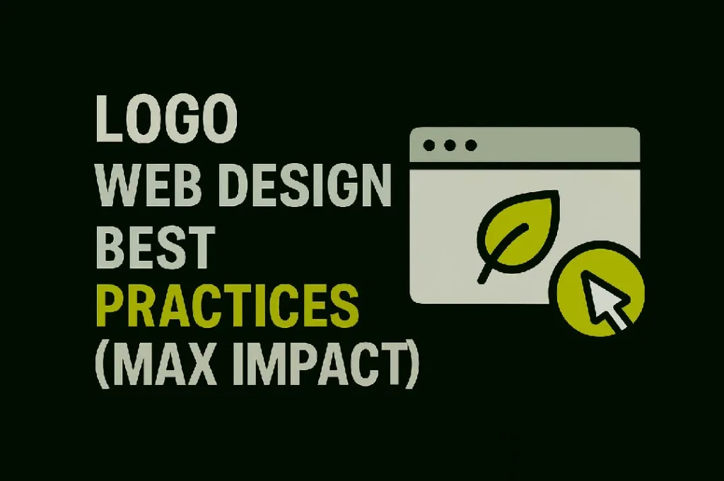 Minimalist blog thumbnail with text 'Logo Web Design Best Practices (Max Impact)' alongside a mouse cursor icon, symbolizing effective website logo design strategies for higher impact