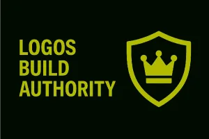 Minimalist thumbnail with bold text ‘Logos Build Authority’ on the left and shield with crown icon on the right in neon green accent, black background, 1075x715 px.