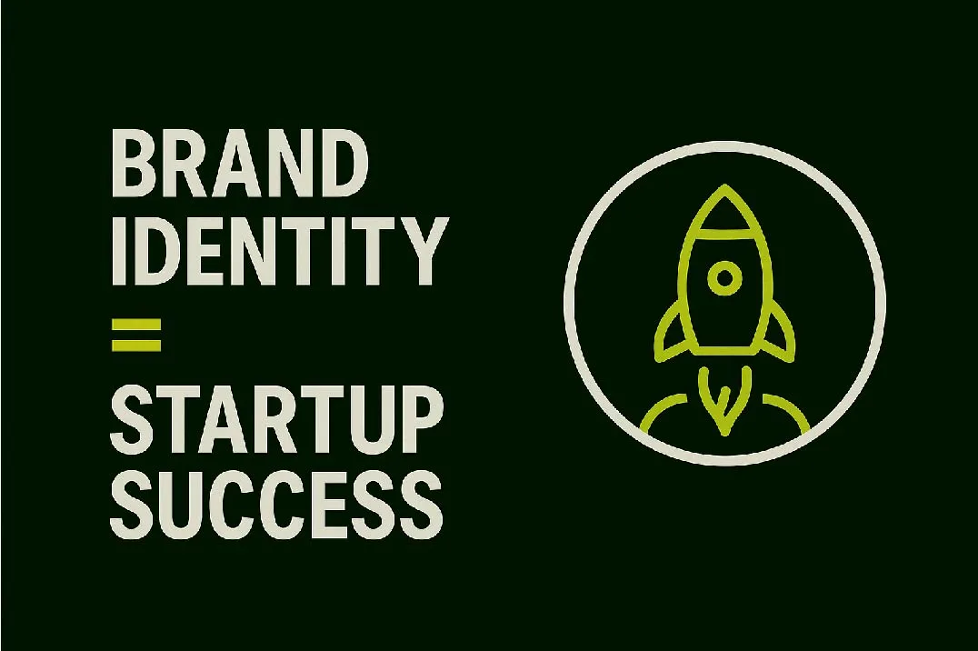 A strong brand identity is the rocket fuel for startup growth — minimalist thumbnail with bold text on the left and rocket launch icon inside a circle on the right, neon green accent on black background.