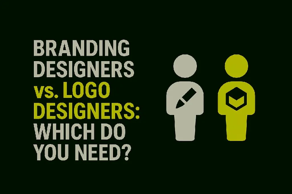 Minimal blog thumbnail showing two human figures symbolizing a logo designer and a brand designer, with bold text ‘Branding Designers vs. Logo Designers’ on a dark green background.