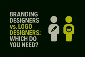 Minimal blog thumbnail showing two human figures symbolizing a logo designer and a brand designer, with bold text ‘Branding Designers vs. Logo Designers’ on a dark green background.