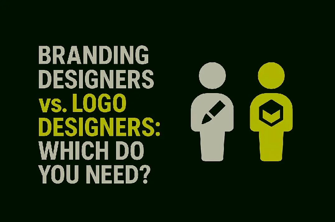 Minimal blog thumbnail showing two human figures symbolizing a logo designer and a brand designer, with bold text ‘Branding Designers vs. Logo Designers’ on a dark green background.
