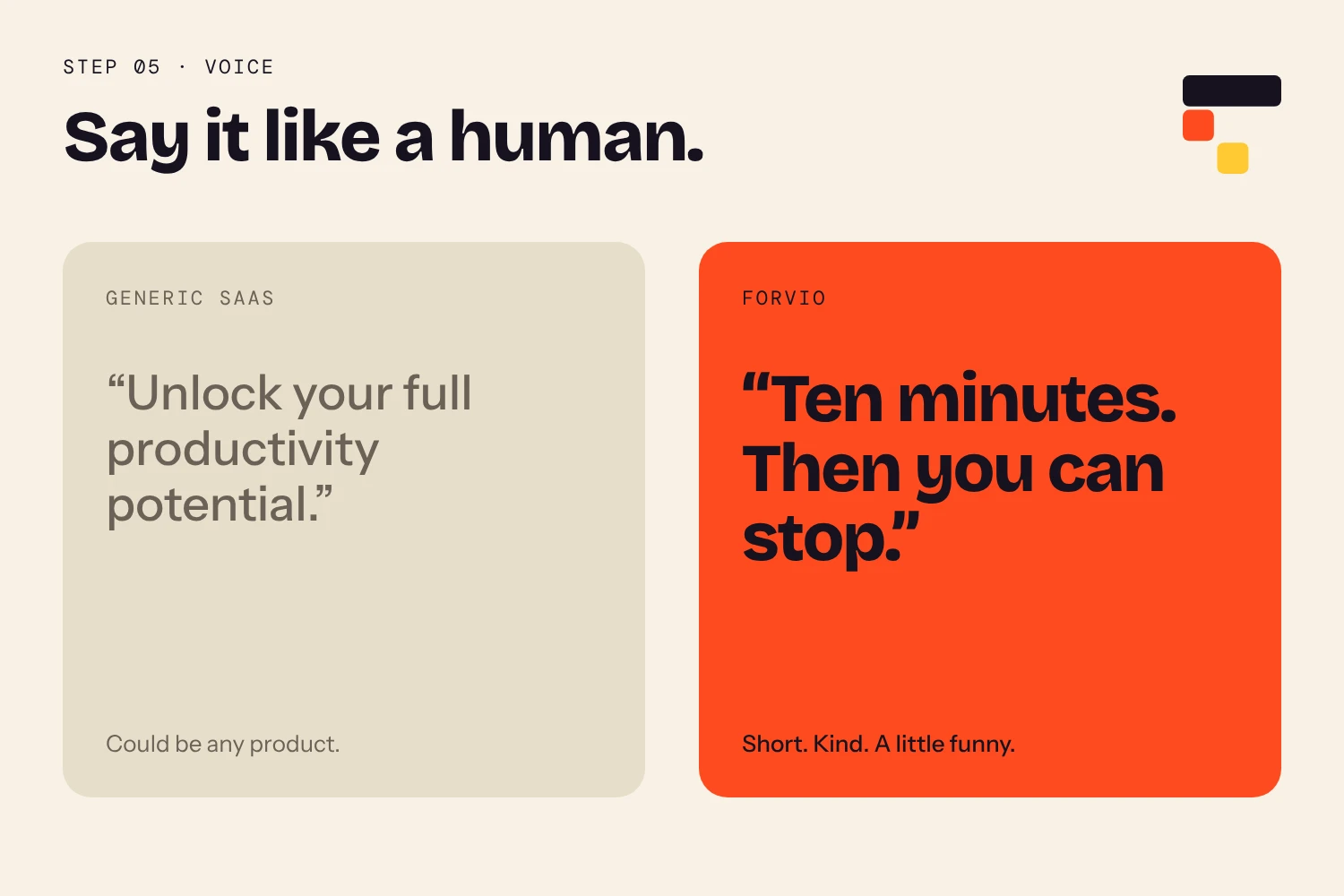 Voice comparison: generic SaaS copy versus Forvio's 'Ten minutes. Then you can stop.'