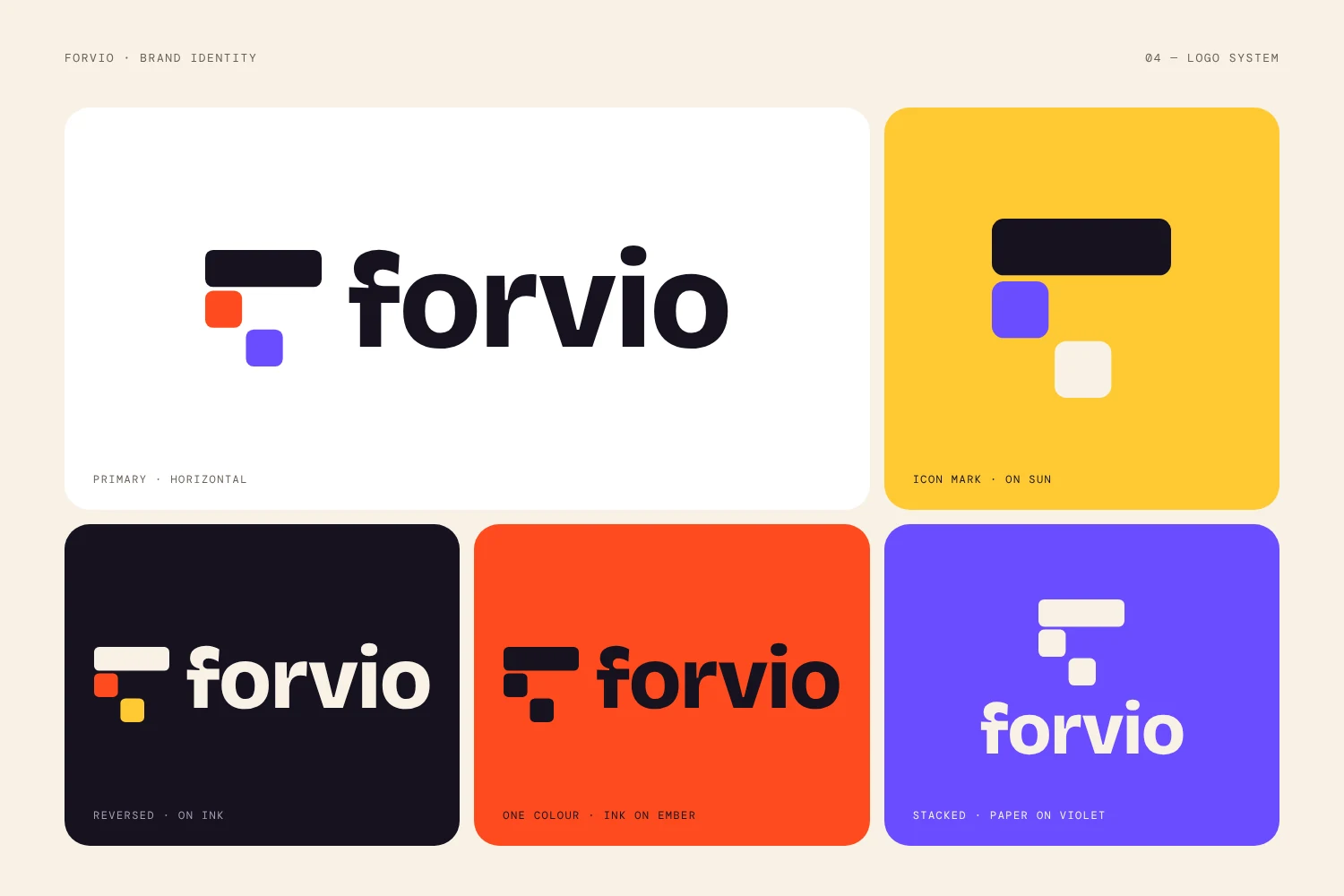 Forvio logo system in horizontal, icon and colour versions