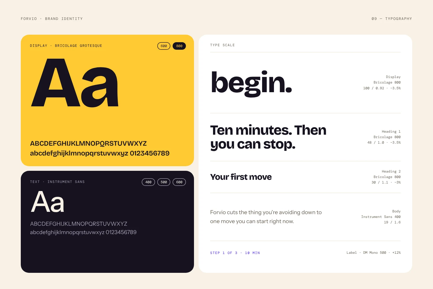 Forvio typography: Bricolage Grotesque, Instrument Sans and DM Mono