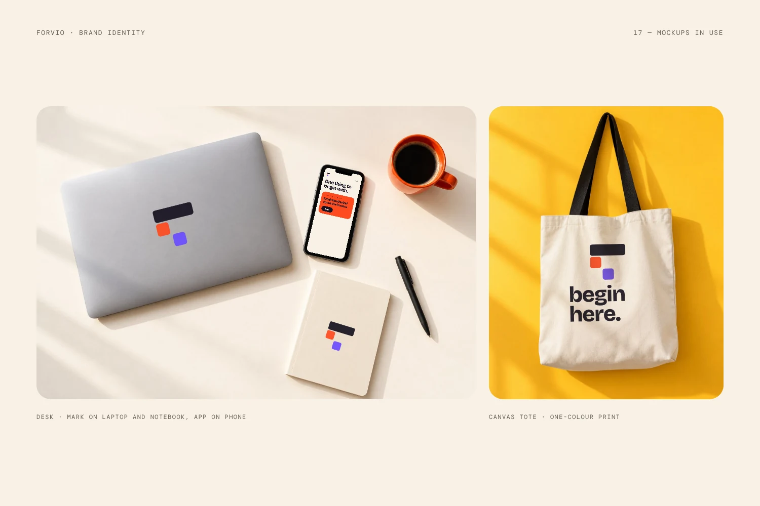 Forvio mockups on laptop, phone, notebook and tote bag