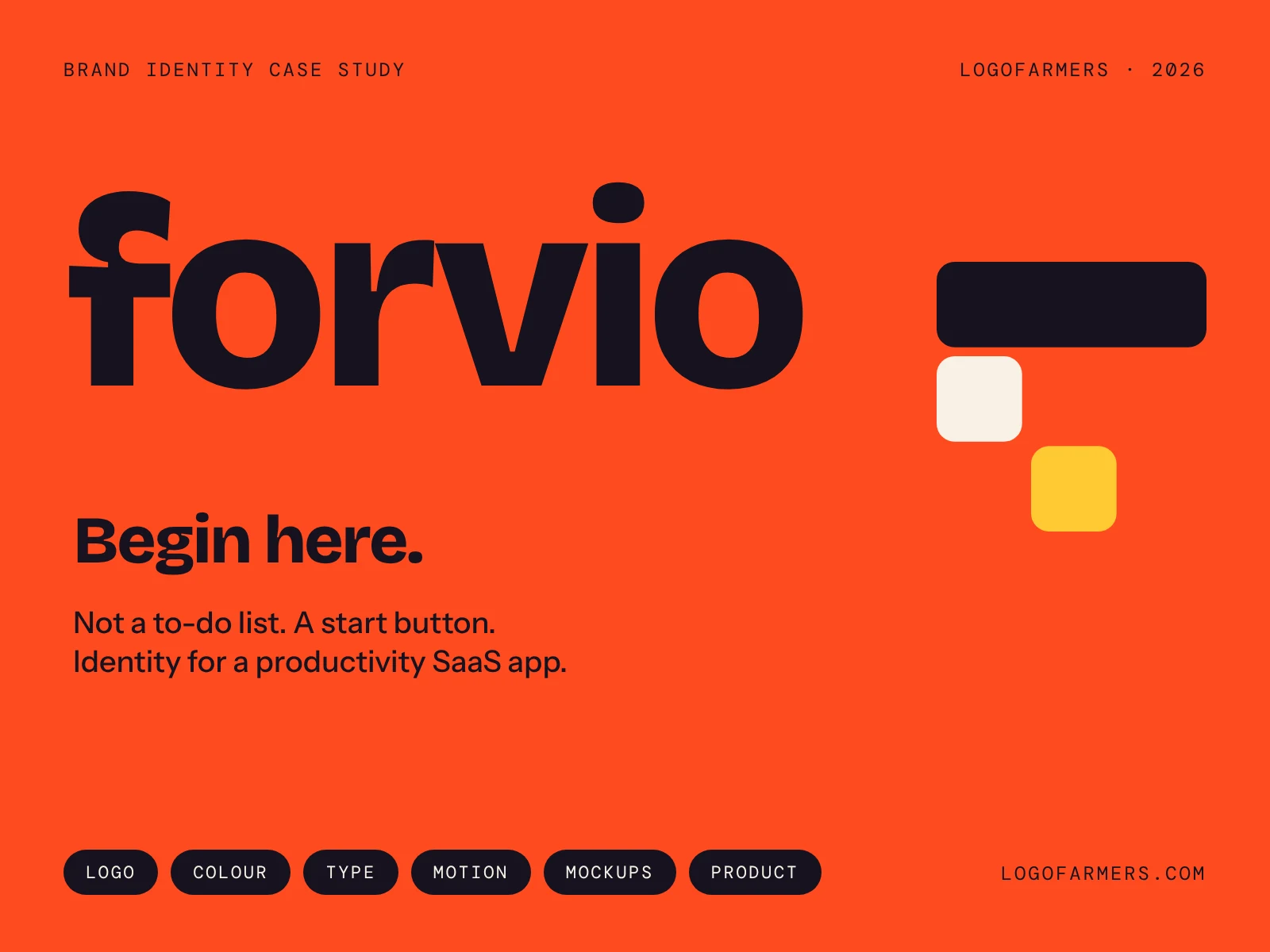 Forvio brand identity case study cover with the three-block logo on an orange background