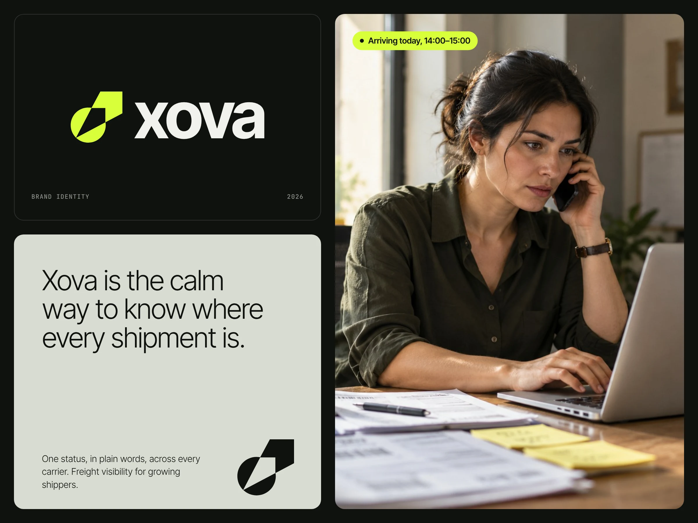 XOVA logo on ink beside an operations lead on the phone, with the line: Xova is the calm way to know where every shipment is.