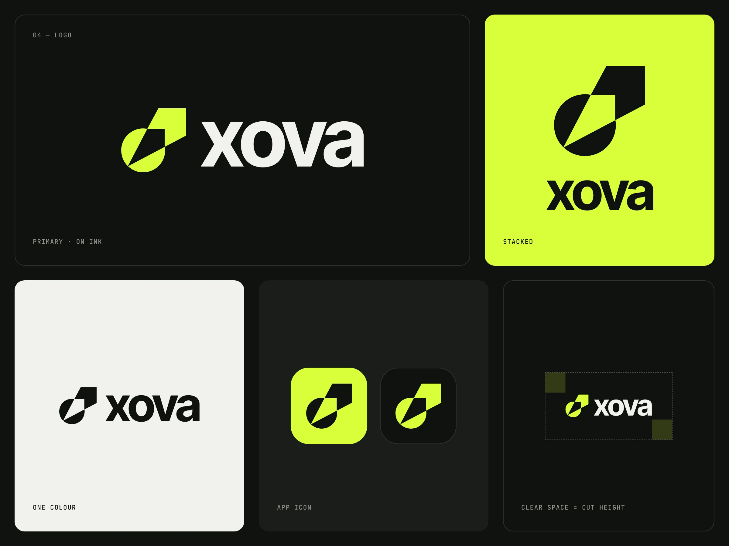 XOVA logo system: primary on ink, stacked on volt, one colour, app icons and clear space.