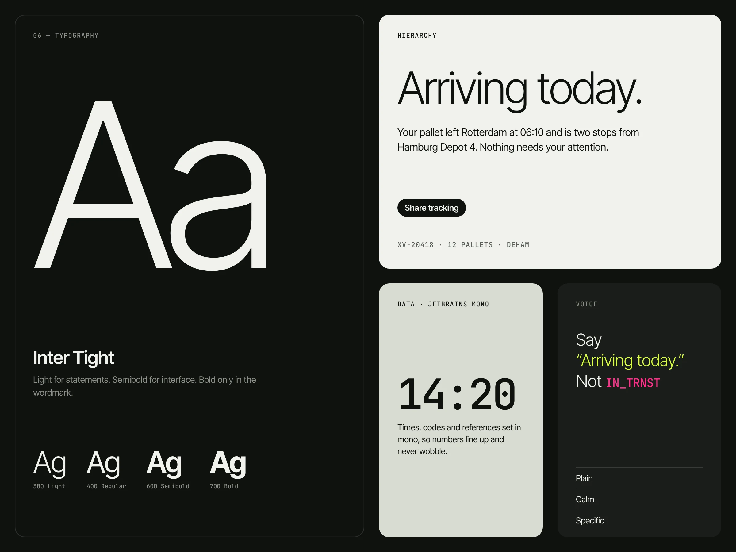 Inter Tight for statements and interface, JetBrains Mono for times and codes, and the voice: plain, calm, specific.