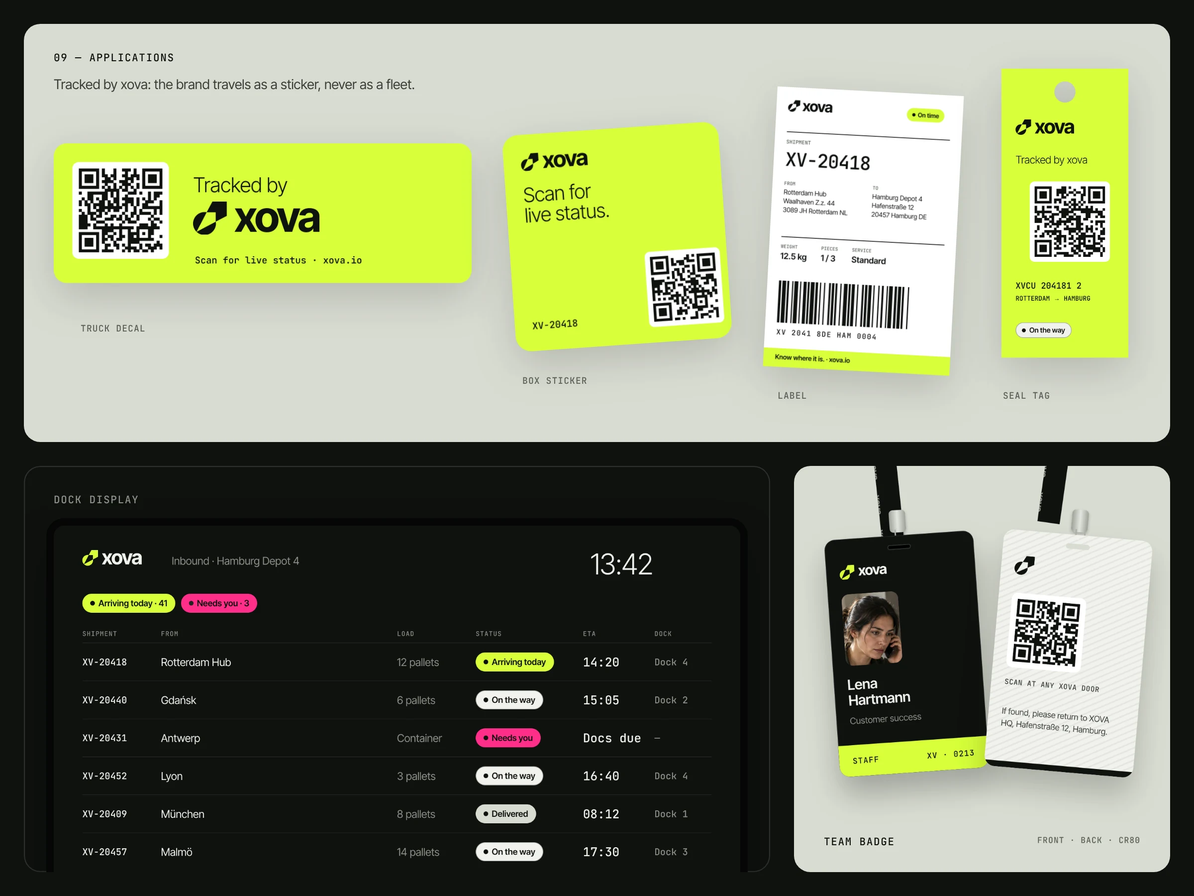 Tracked by xova kit: truck decal, box sticker, shipping label, container seal tag, dock display and staff ID card.