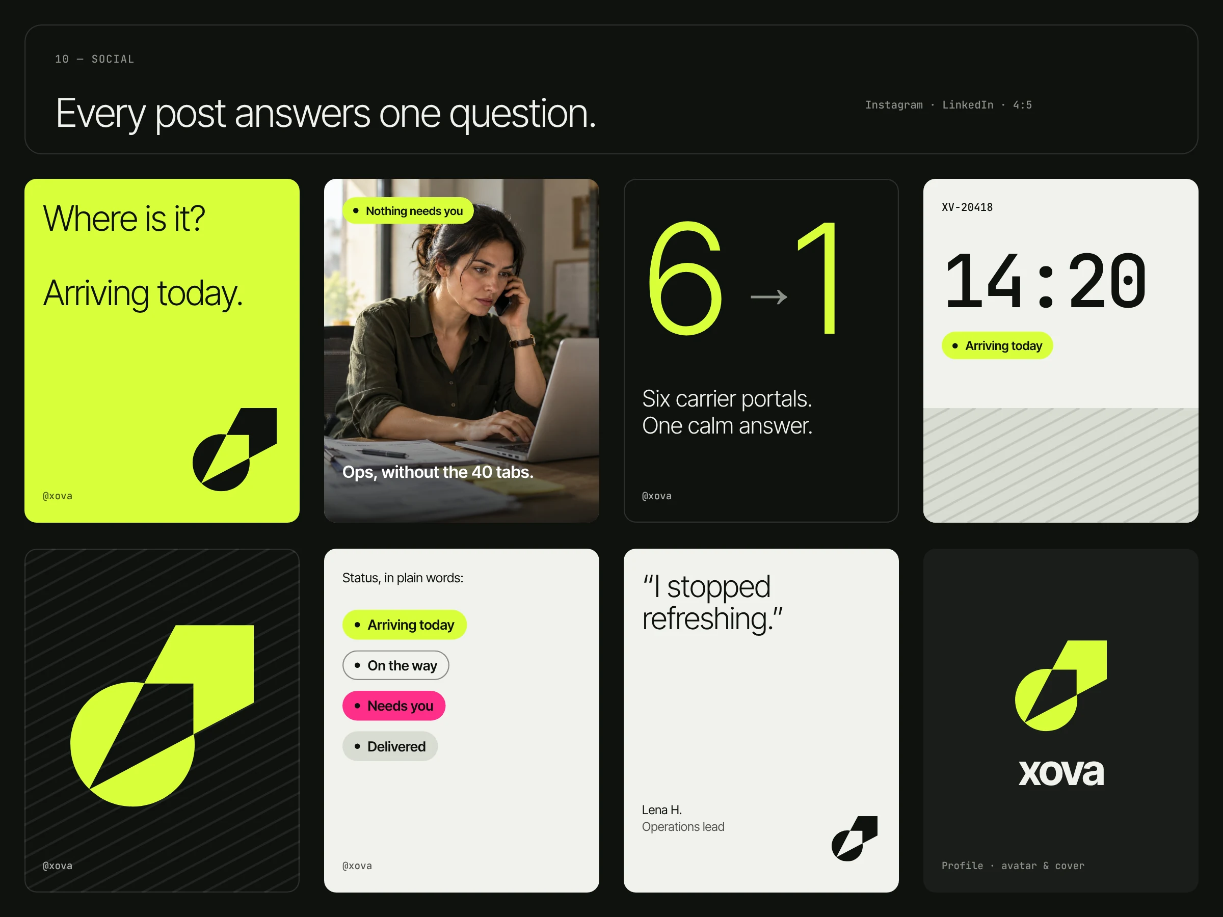 Eight XOVA social posts, each answering one question.